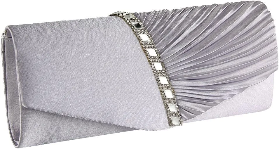 JIAN YA NA Womens Pleated Crystal-Studded Satin Handbag Evening Clutch Bags for Party Wedding Prom Cocktail