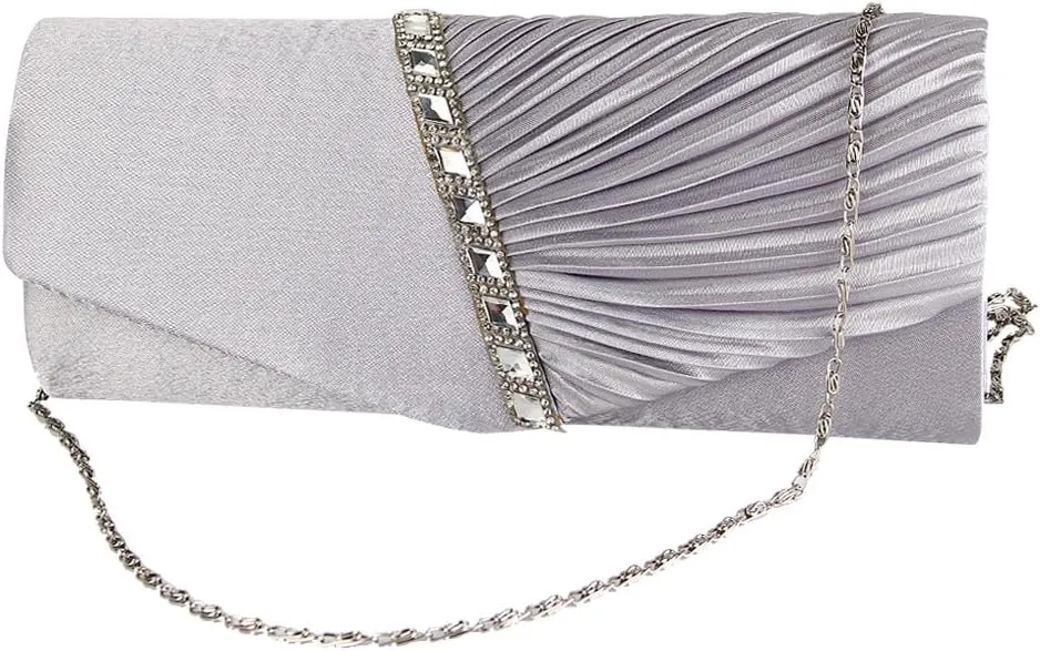 JIAN YA NA Womens Pleated Crystal-Studded Satin Handbag Evening Clutch Bags for Party Wedding Prom Cocktail