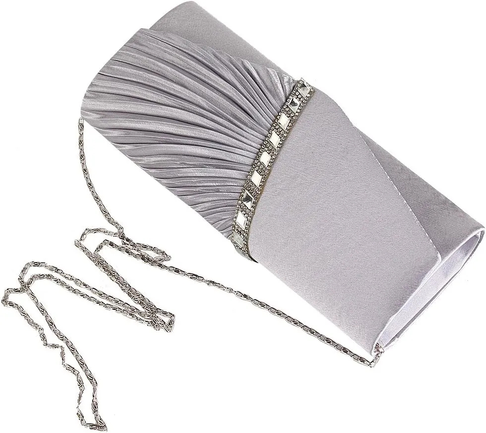 JIAN YA NA Womens Pleated Crystal-Studded Satin Handbag Evening Clutch Bags for Party Wedding Prom Cocktail