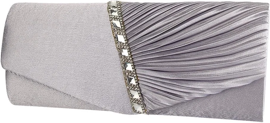 JIAN YA NA Womens Pleated Crystal-Studded Satin Handbag Evening Clutch Bags for Party Wedding Prom Cocktail