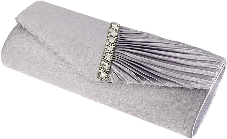 JIAN YA NA Womens Pleated Crystal-Studded Satin Handbag Evening Clutch Bags for Party Wedding Prom Cocktail