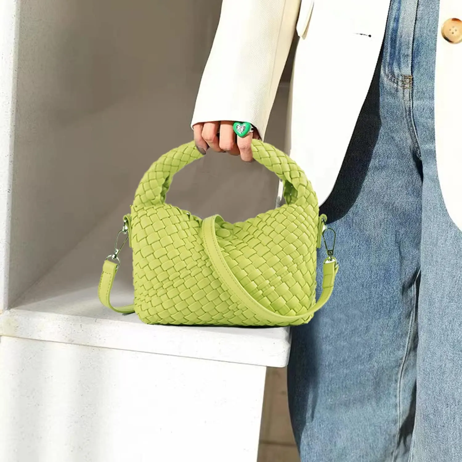 JINMANXUE Small Hand Woven Handbags for Women Shoulder Crossbody Bag Purses Cassual Top Handle Bags Hobo Curved Tote Bag