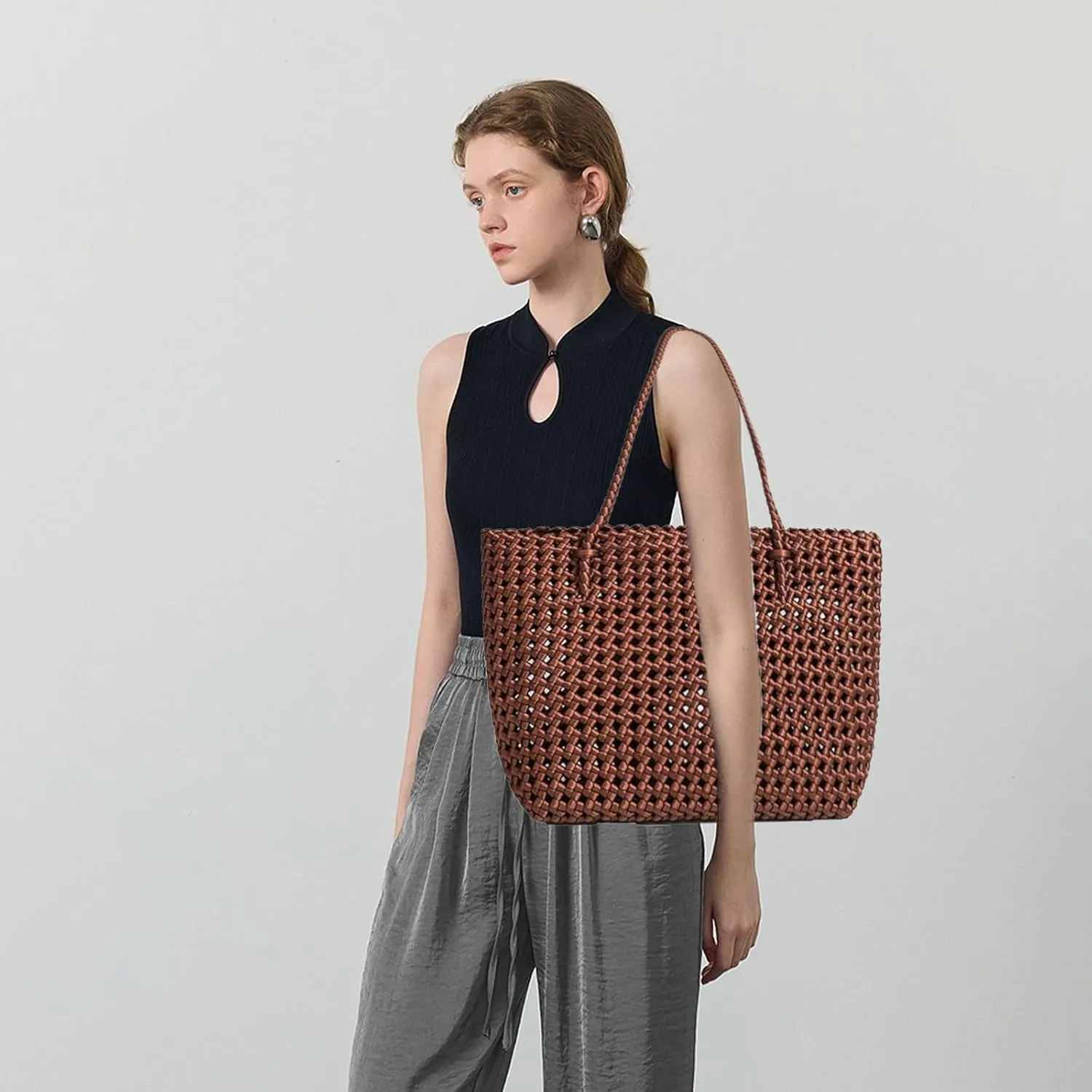 JINMANXUE Woven Tote Bag For Women,Travel Shoulder Bag, Large Hollow Beach Soft Satin Handbags Hand-woven Satchel Clutch