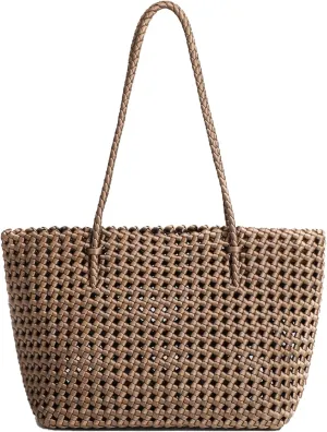 JINMANXUE Woven Tote Bag For Women,Travel Shoulder Bag, Large Hollow Beach Soft Satin Handbags Hand-woven Satchel Clutch