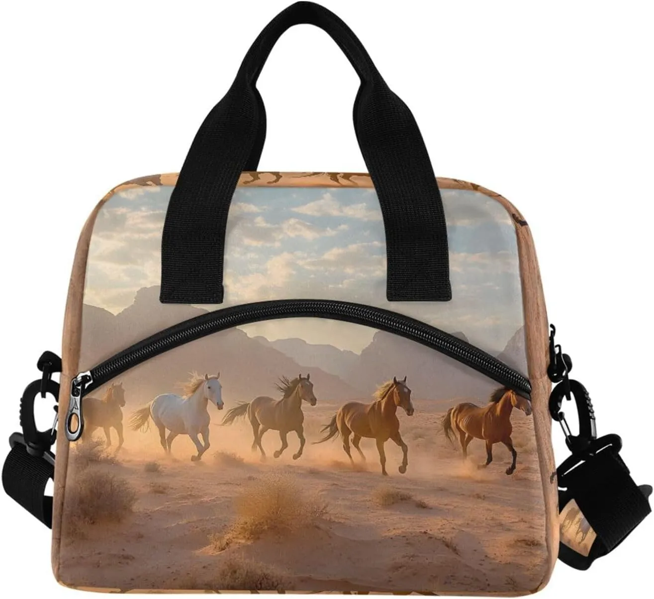 JIPONI Horses Wilderness Insulated Lunch Bag for Women Men Tote Cooler Lunchbag with Adjustable Shoulder Strap for Work Picnic Hiking Beach