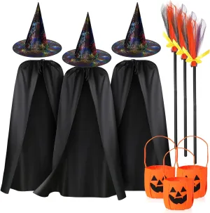 Jiuguva 12 Pcs Unisex Halloween Witch Capes Costume Accessories Black Witch Cloaks Web Wizard Hats Flying Brooms Pumpkin Bags for Halloween Dress up Cosplay Party Decorations