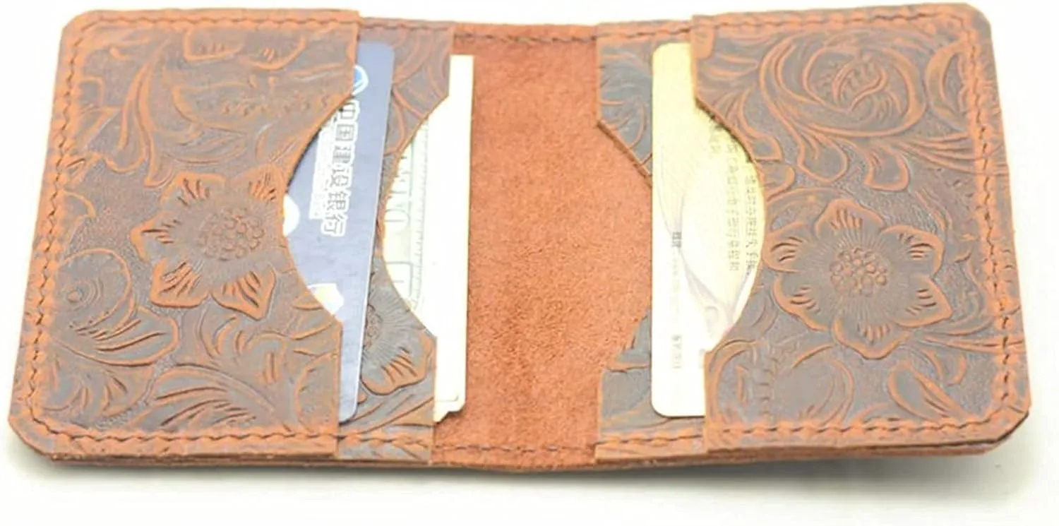 JJNUSA Handmade Distressed Men's Minimalist Leather Wallet Card Holder Wallets for Gifts Brown Flower style2