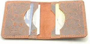 JJNUSA Handmade Distressed Men's Minimalist Leather Wallet Card Holder Wallets for Gifts Brown Flower style2