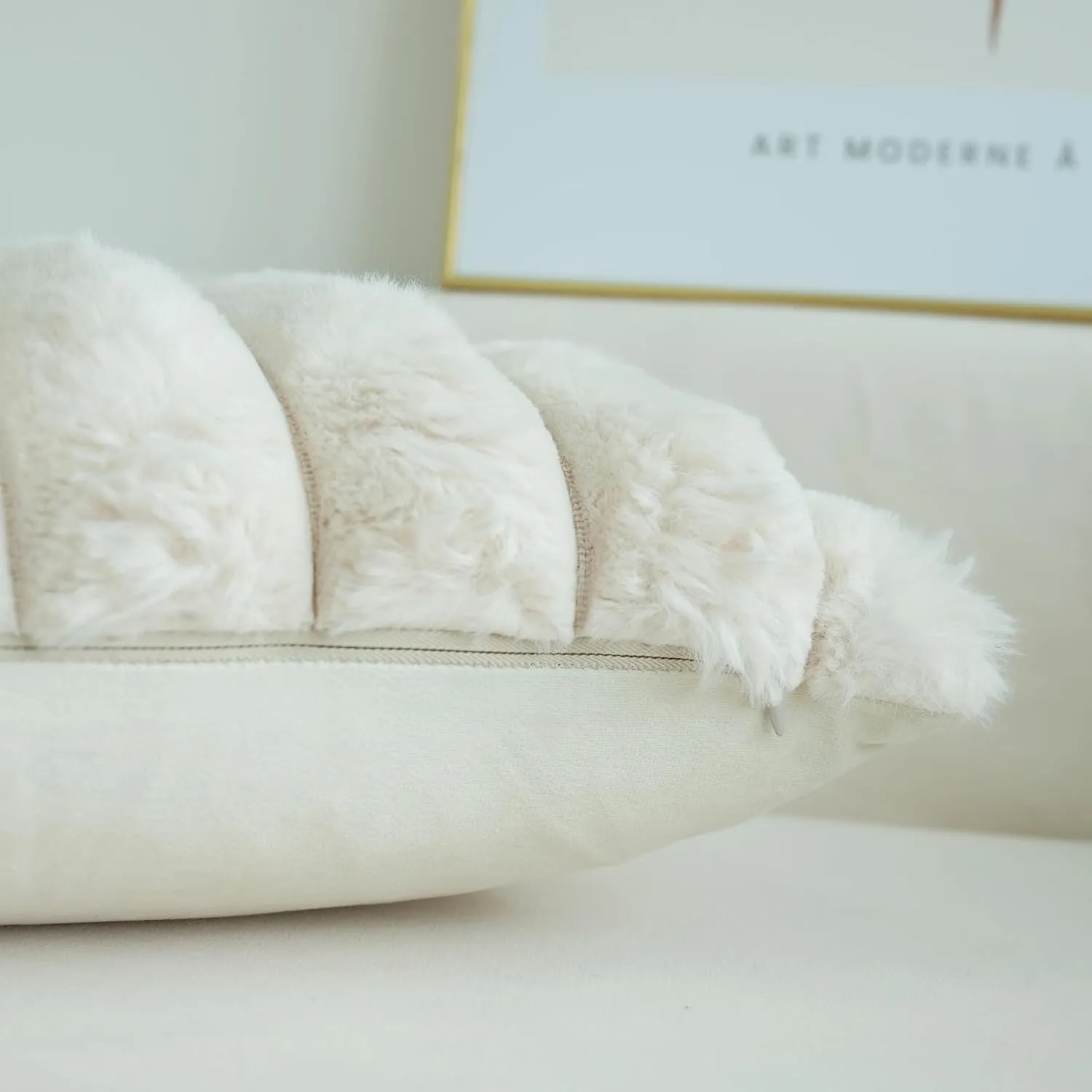 JOJUSIS Pack of 2 Faux Fur Plush Decorative Throw Pillow Covers Couch Cushion Case Soft Fluffy Pillowcases Wide Stripe (Beige, 18 x 18 Inch)