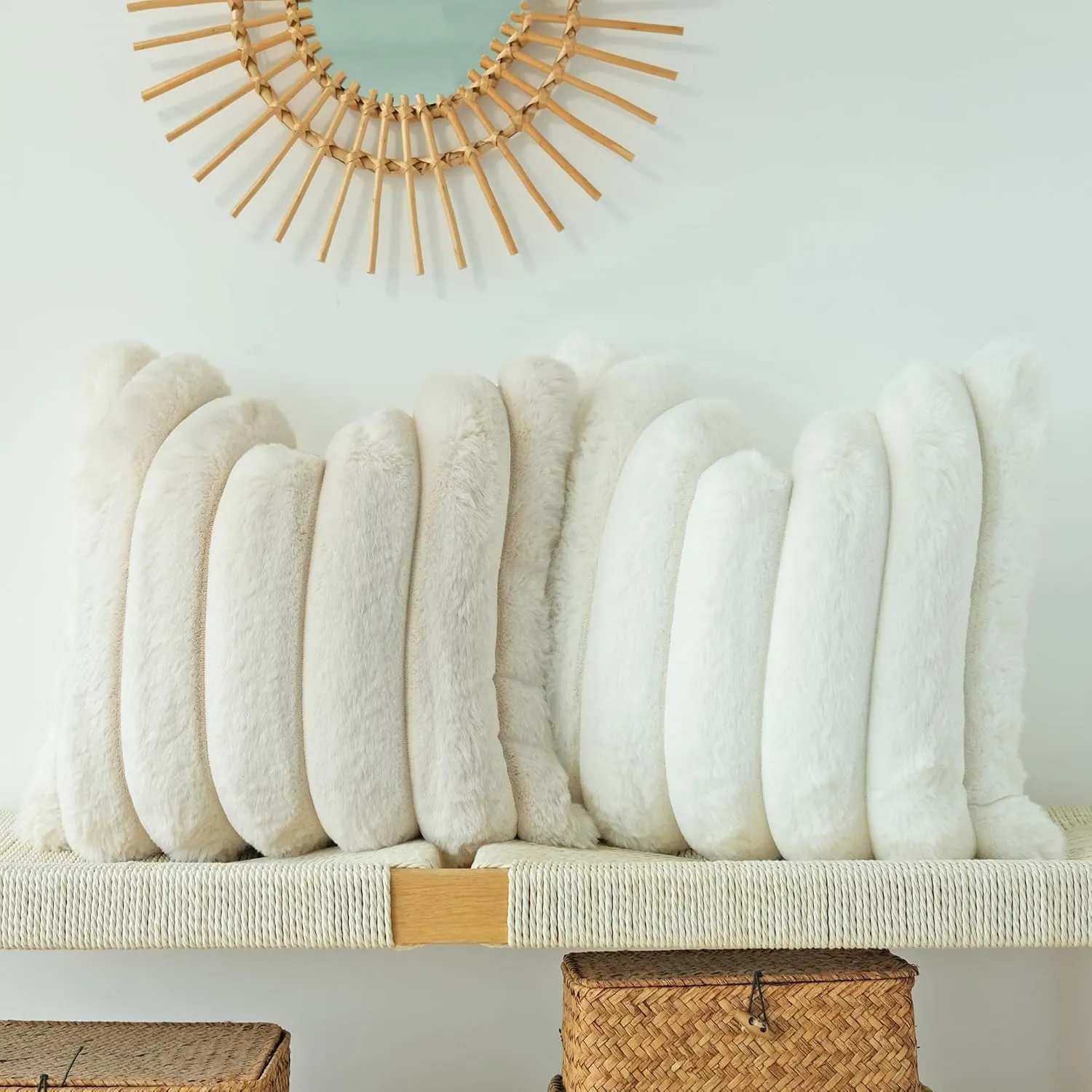 JOJUSIS Pack of 2 Faux Fur Plush Decorative Throw Pillow Covers Couch Cushion Case Soft Fluffy Pillowcases Wide Stripe (Beige, 18 x 18 Inch)