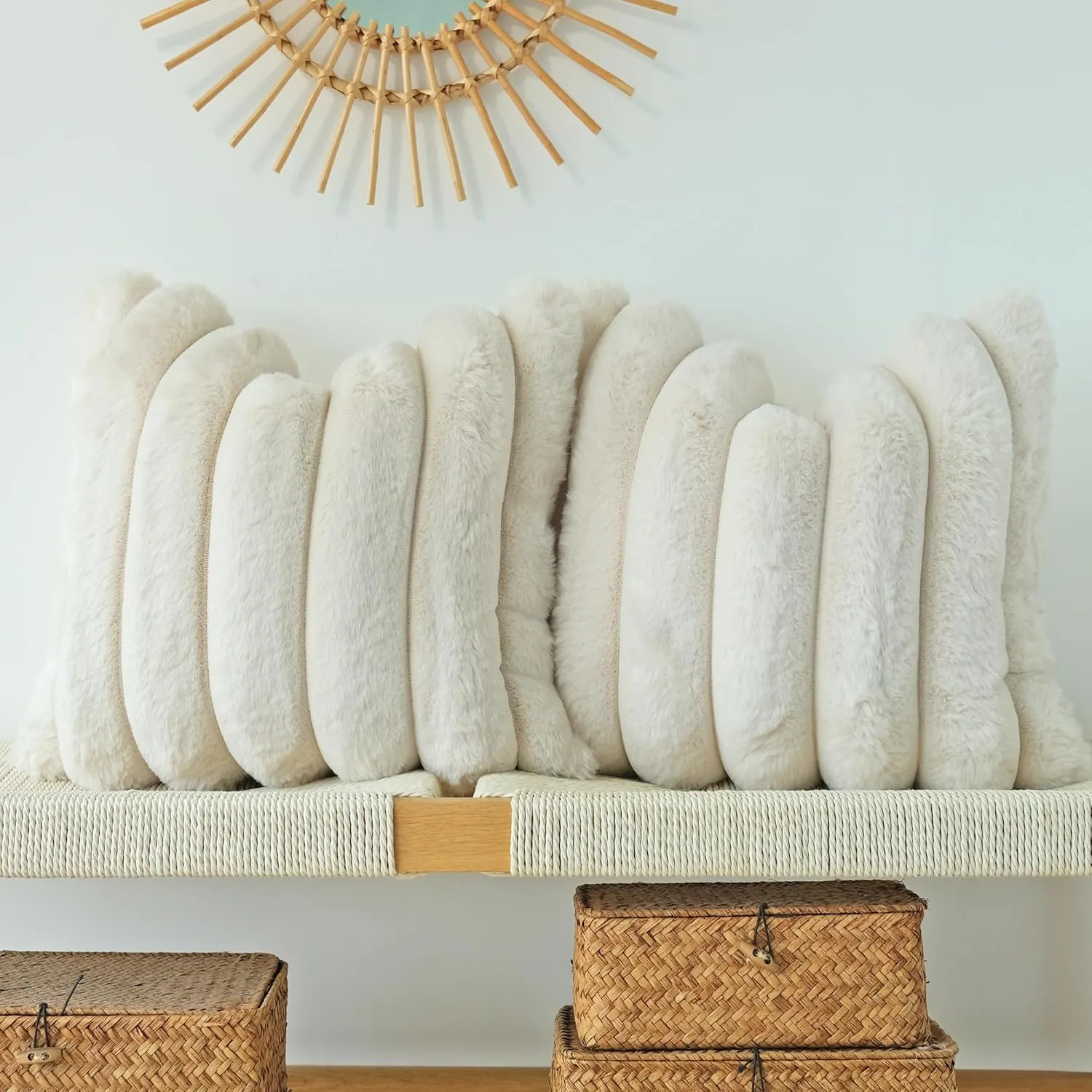 JOJUSIS Pack of 2 Faux Fur Plush Decorative Throw Pillow Covers Couch Cushion Case Soft Fluffy Pillowcases Wide Stripe (Beige, 18 x 18 Inch)