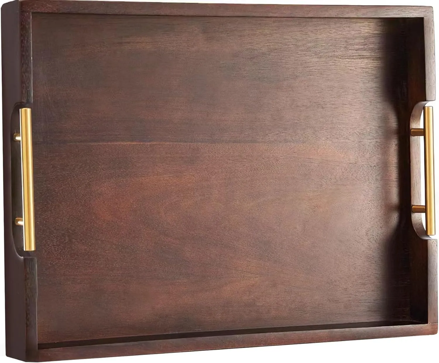 Joy&Grace Ottoman Tray for Living Room 16.7 x 12.8 inch Large Acacia Wooden Serving Tray with Handles for Coffee Table, Breakfast in Bed, Food Dinner, Decorative Rectangular Tray (Dark Brown)