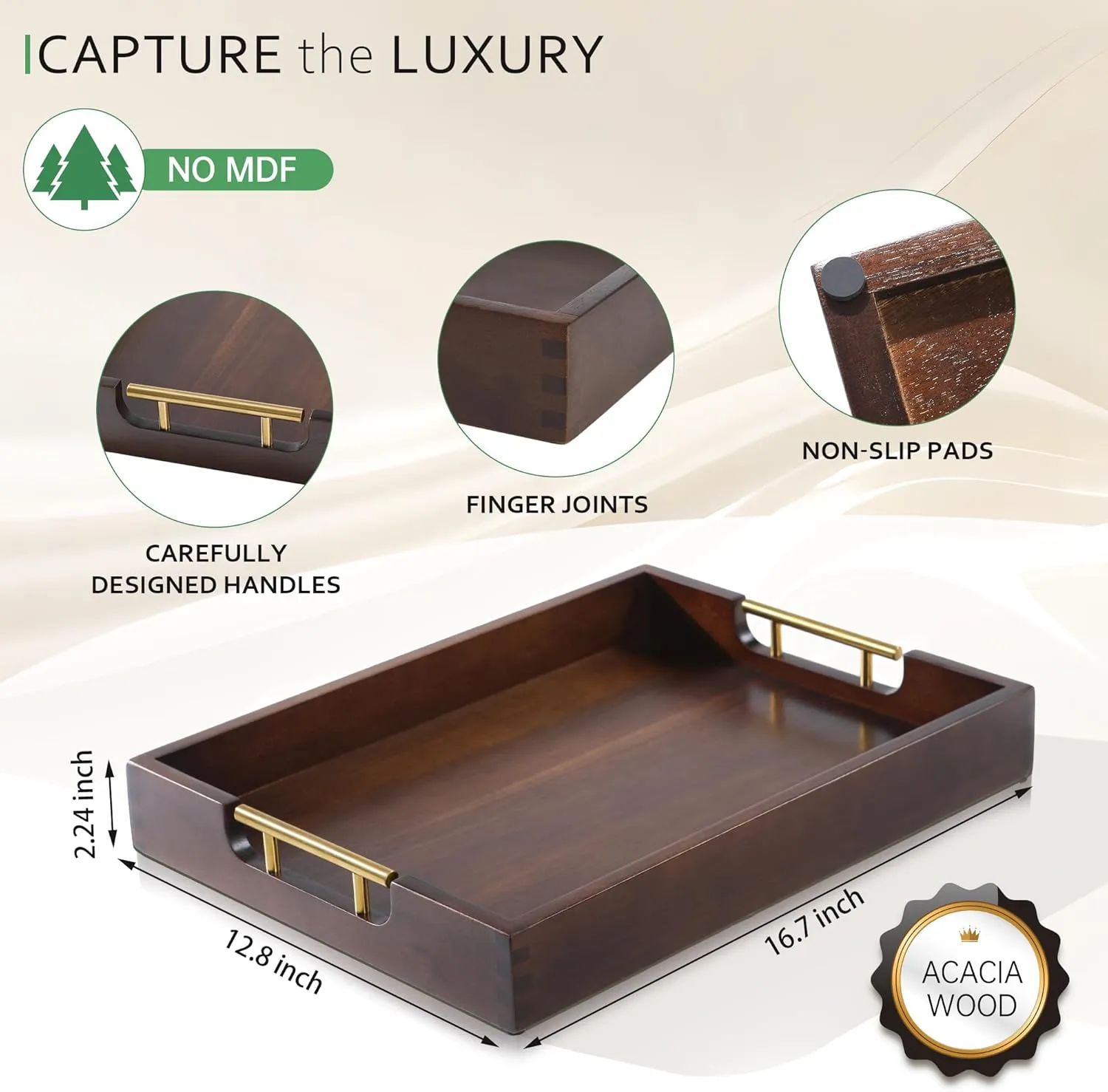 Joy&Grace Ottoman Tray for Living Room 16.7 x 12.8 inch Large Acacia Wooden Serving Tray with Handles for Coffee Table, Breakfast in Bed, Food Dinner, Decorative Rectangular Tray (Dark Brown)