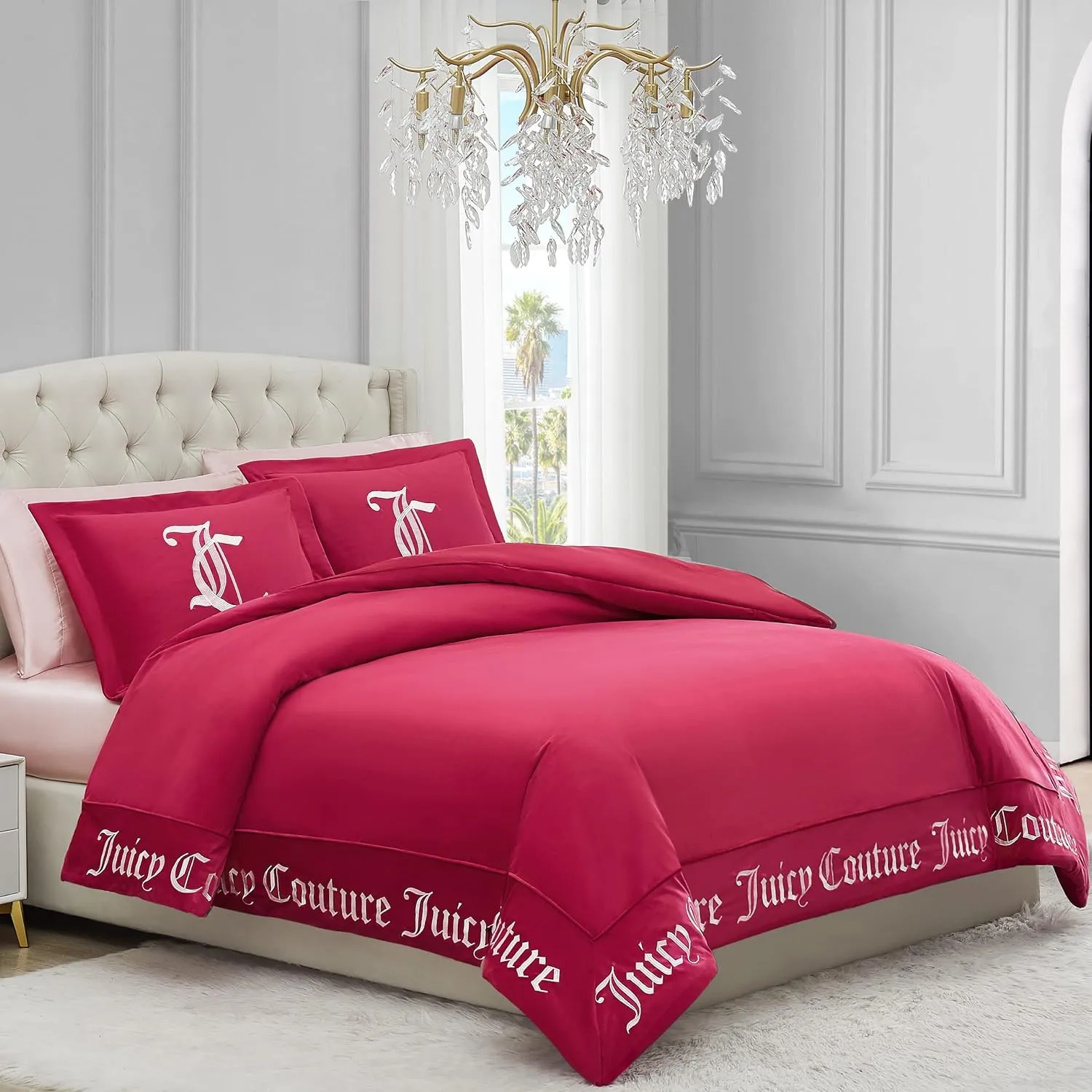 Juicy Couture - Comforter Set - Gothic Design Bedding - Queen - 3 Piece Set Includes (1) 90" x 92" Comforter and (2) 20" x 26" Shams - Wrinkle Resistant - Premium Bedroom Decor - Hot Pink