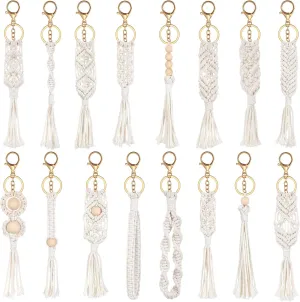 Junkin 16 Pack Mini Macrame Keychains Cute Boho Macrame Bag Charms Handcrafted Aesthetic Boho Car Accessories Boho Keychain for Women Tassel Keychain for Car