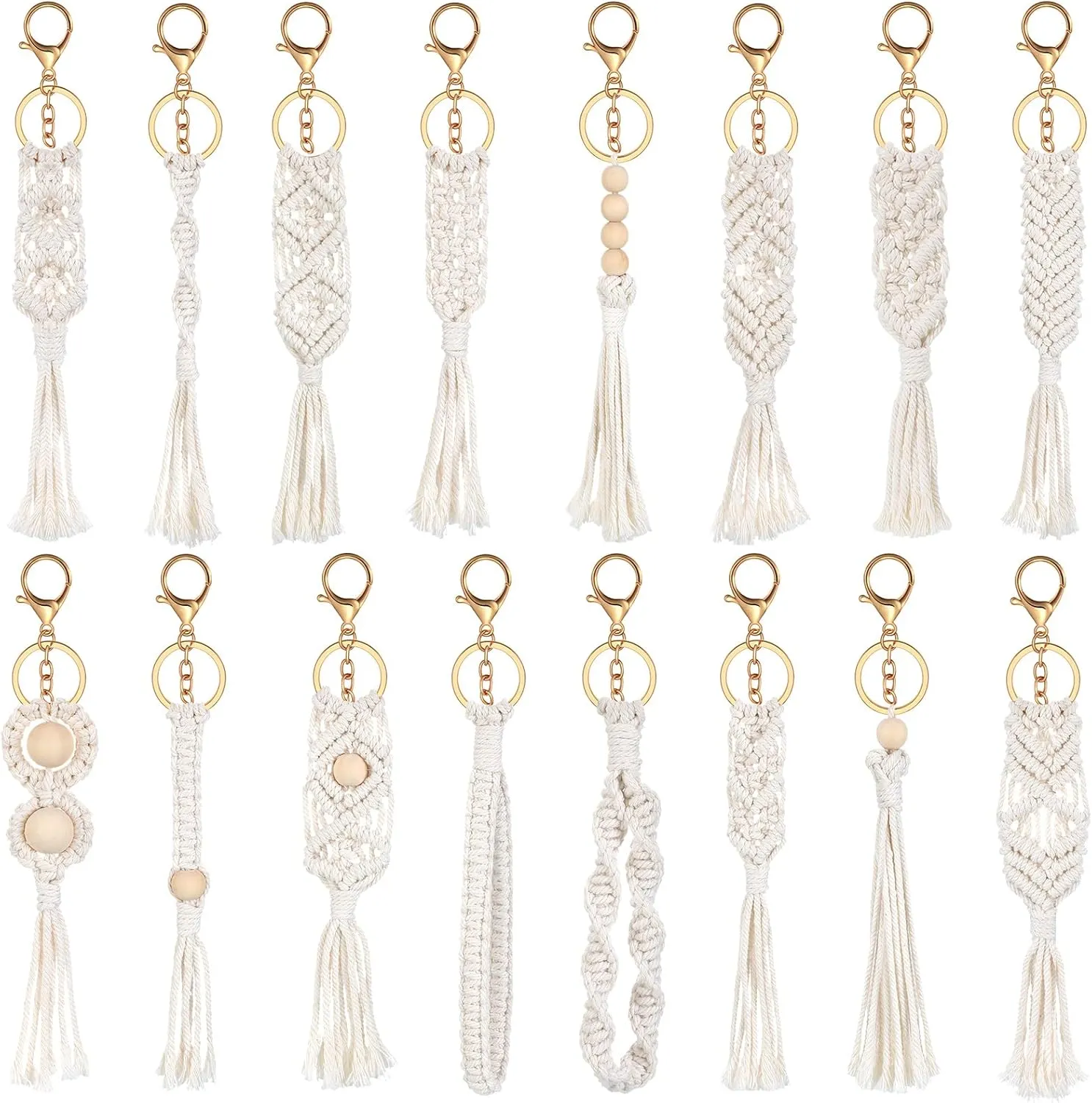 Junkin 16 Pack Mini Macrame Keychains Cute Boho Macrame Bag Charms Handcrafted Aesthetic Boho Car Accessories Boho Keychain for Women Tassel Keychain for Car