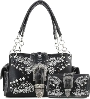 Justin West Buckle Western Floral Damask Embroidery Studs Stars Concealed Carry Handbag Purse