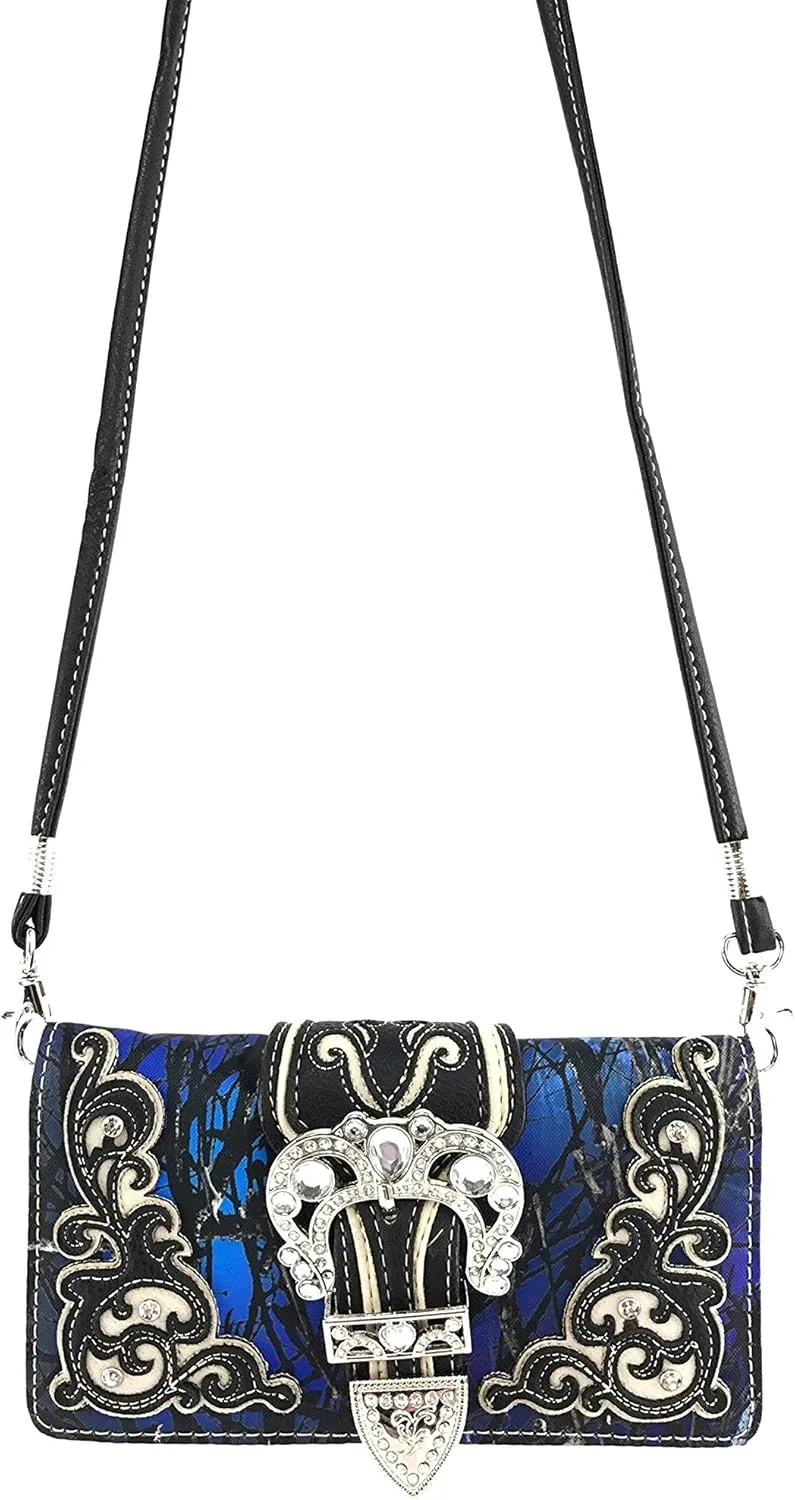 Justin West Camouflage Tree Branches Bling Rhinestone Cross Wings Buckle Crossbody Chain Messenger and Purse