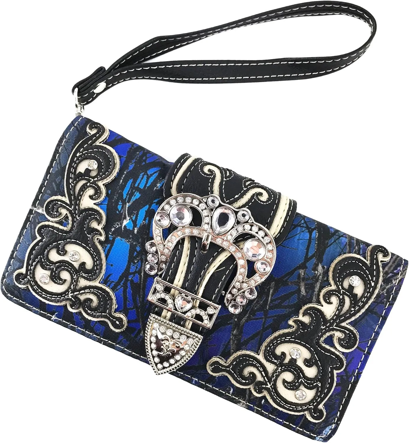 Justin West Camouflage Tree Branches Bling Rhinestone Cross Wings Buckle Crossbody Chain Messenger and Purse