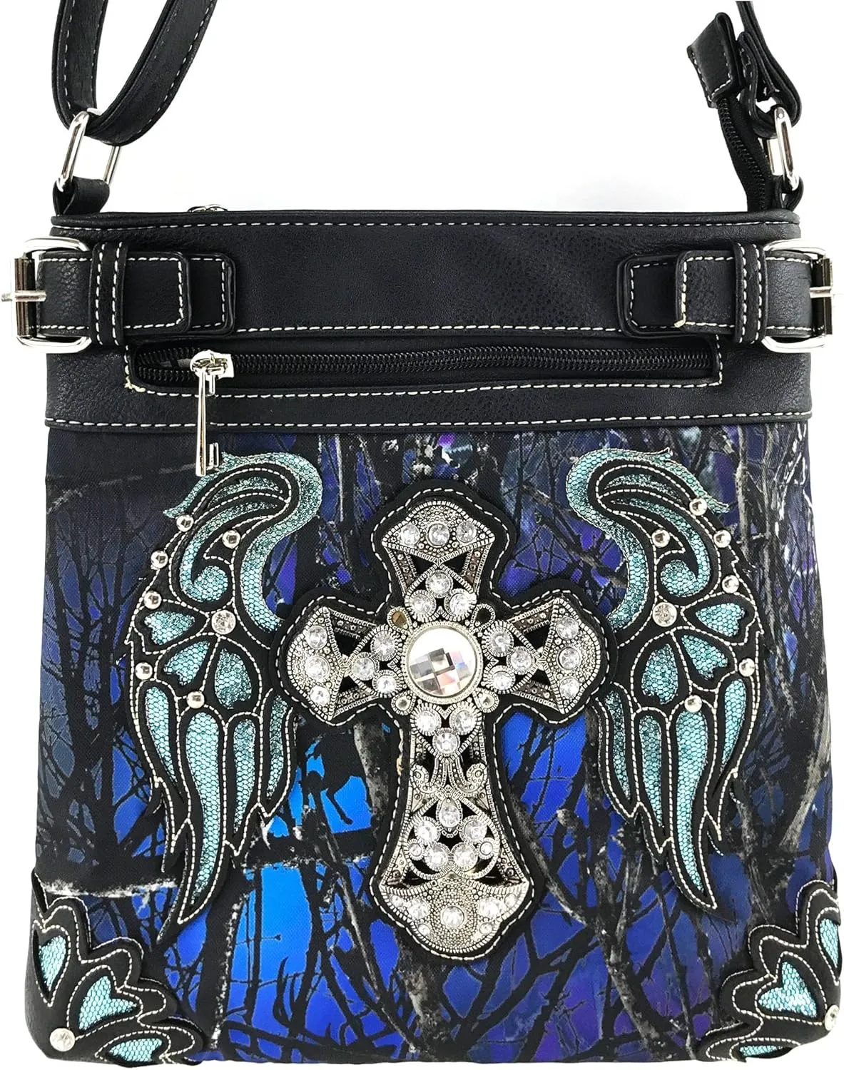 Justin West Camouflage Tree Branches Bling Rhinestone Cross Wings Handbag Purse Messenger Bags and Wallets