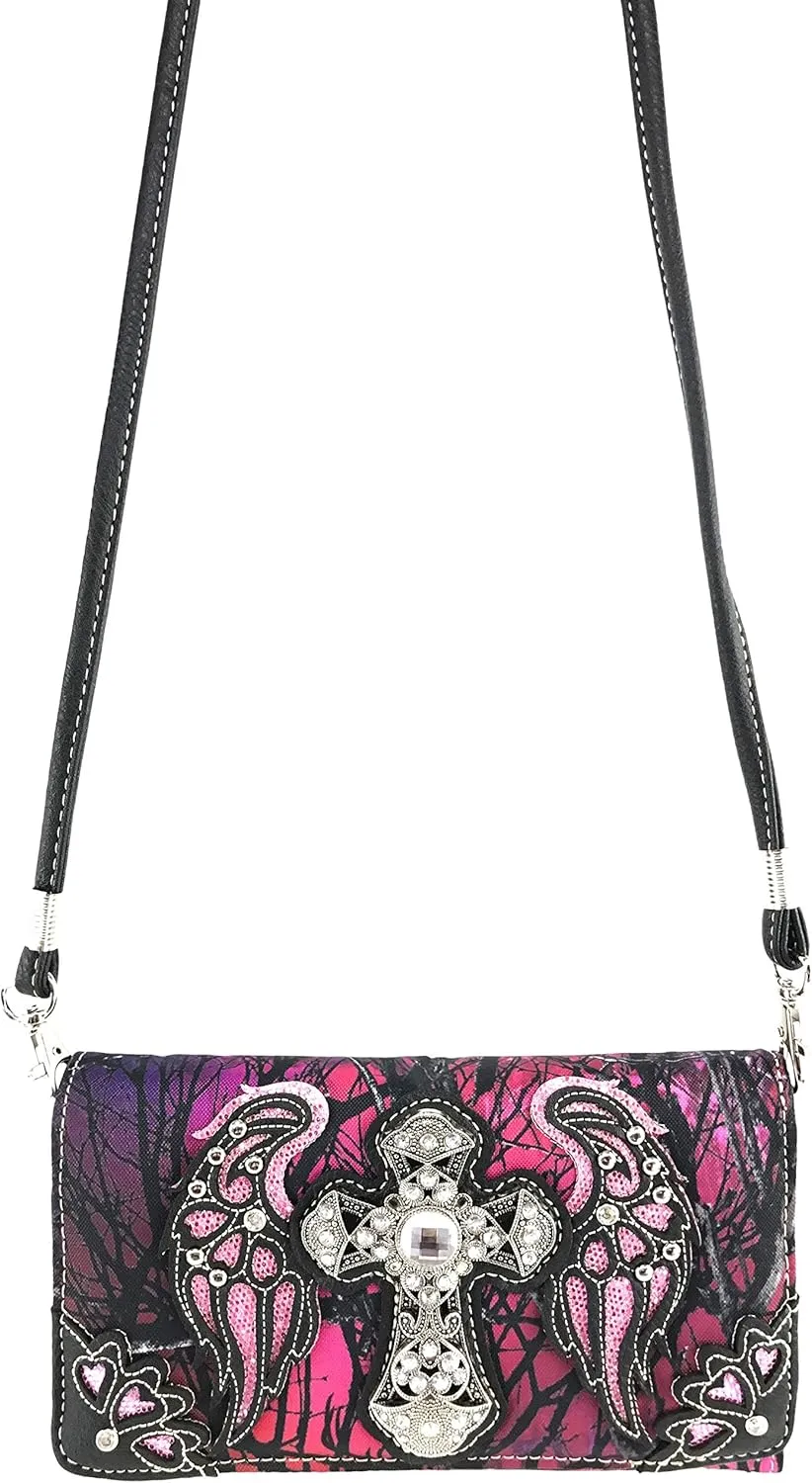 Justin West Camouflage Tree Branches Bling Rhinestone Cross Wings Handbag Purse Messenger Bags and Wallets