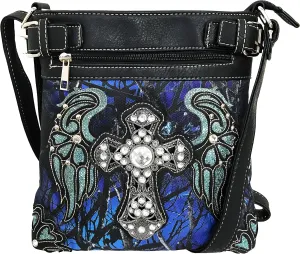 Justin West Camouflage Tree Branches Bling Rhinestone Cross Wings Handbag Purse Messenger Bags and Wallets