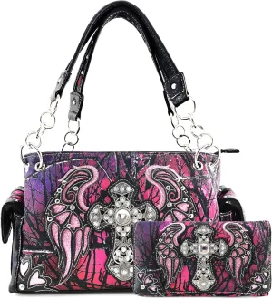 Justin West Camouflage Tree Branches Bling Rhinestone Cross Wings Handbag Purse Messenger Bags and Wallets