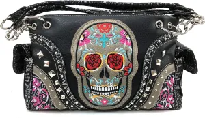 Justin West Fashion Mulitcolor Embroidered Floral Sugar Skull Women Purse Shoulder Handbag Flat Wallet