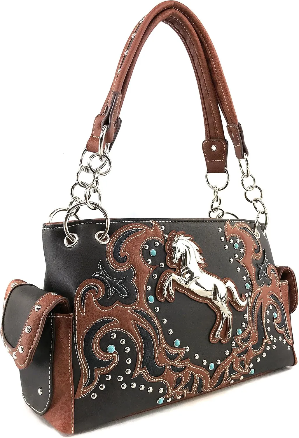 Justin West Horse Embroidery Studded Turquoise Stone Concealed Carry Handbag Purse Matching Wallet