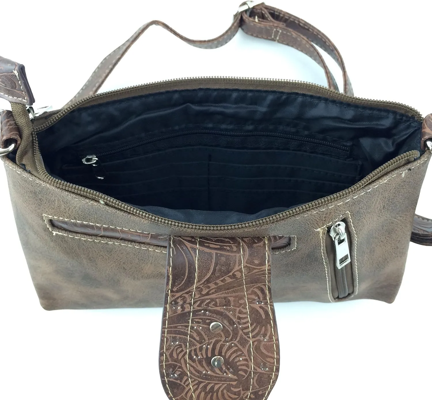 Justin West Purse Laser Cut Rhinestone Silver Buckle Cross Shape Concealed Carry Handbag