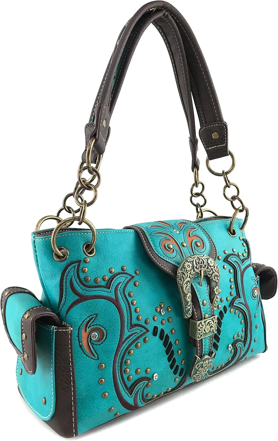 Justin West Purse Laser Cut Rhinestone Silver Buckle Cross Shape Concealed Carry Handbag