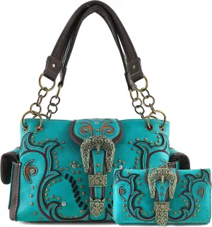 Justin West Purse Laser Cut Rhinestone Silver Buckle Cross Shape Concealed Carry Handbag