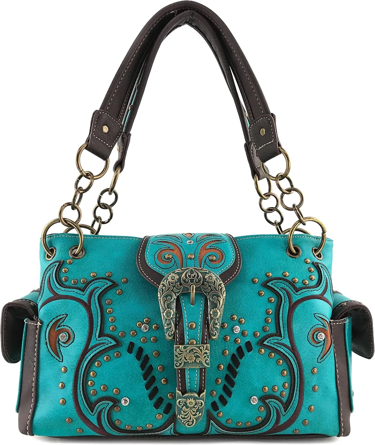 Justin West Purse Laser Cut Rhinestone Silver Buckle Cross Shape Concealed Carry Handbag