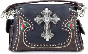Justin West Rhinestone Cross Embroidery Floral Weave Pattern Concealed Carry Western Handbag Purse