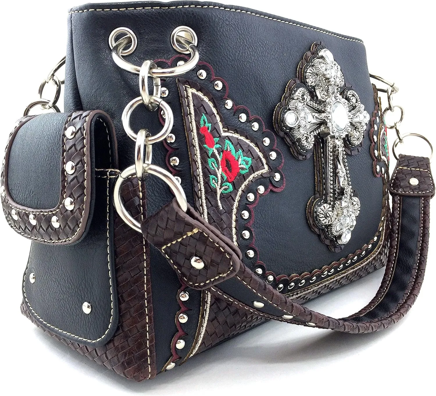 Justin West Rhinestone Cross Embroidery Floral Weave Pattern Concealed Carry Western Handbag Purse