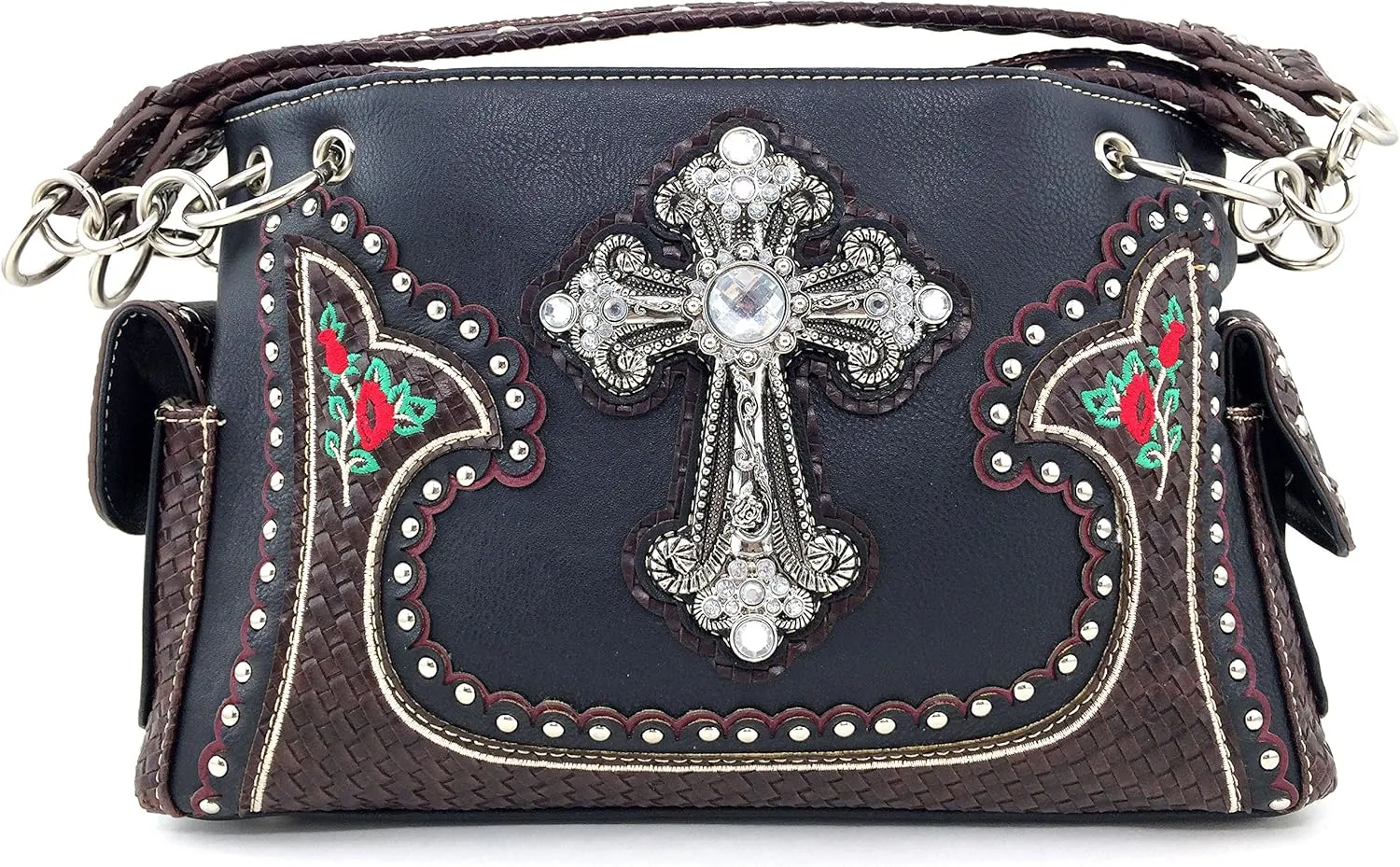 Justin West Rhinestone Cross Embroidery Floral Weave Pattern Concealed Carry Western Handbag Purse