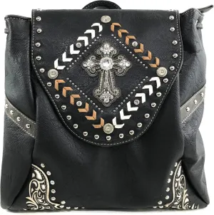 Justin West Trendy Western Cross Rhinestone Leather Conceal Carry Top Handle Square Backpack Purse