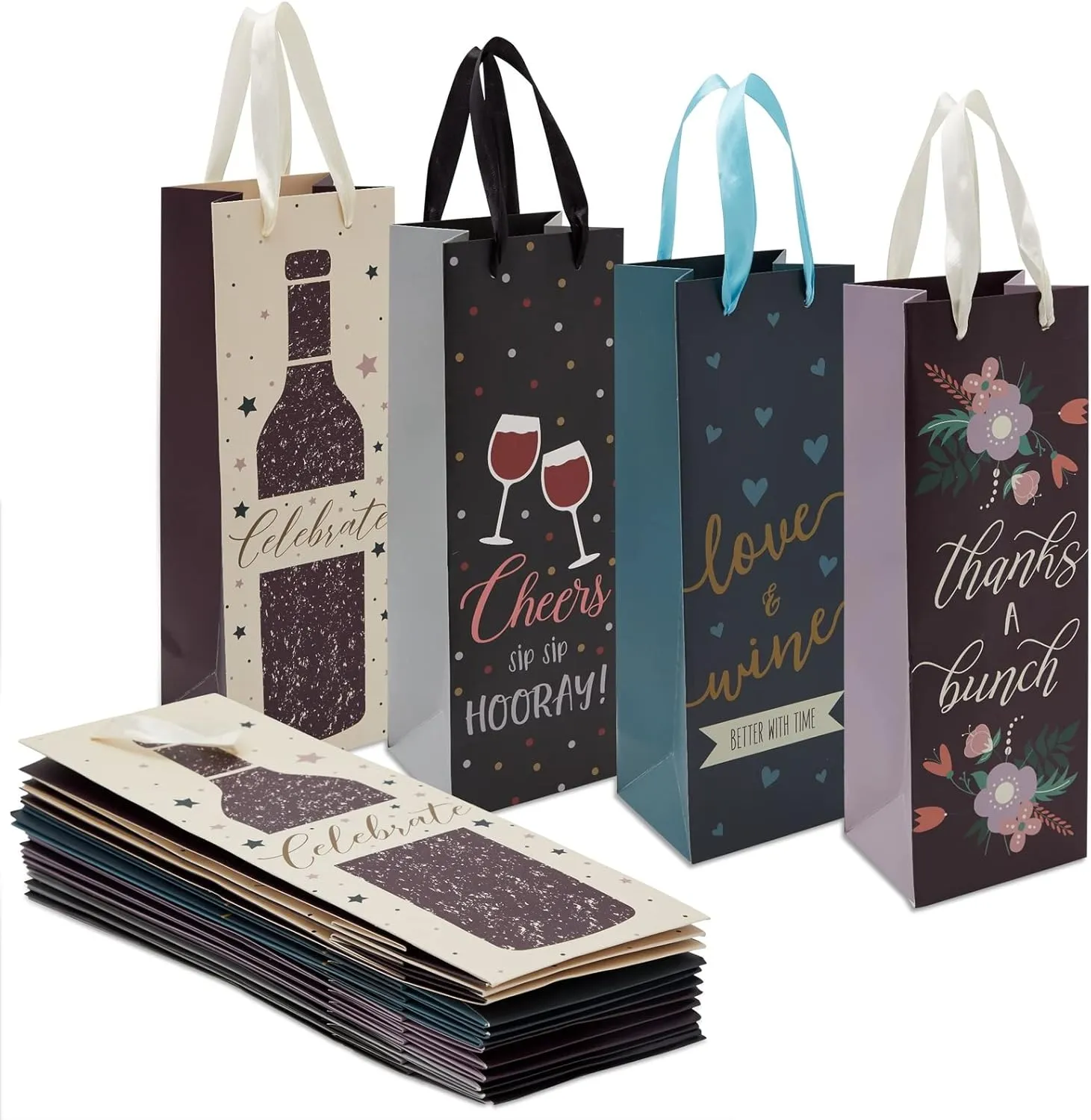 Juvale 12 Pack Wine Bottle Gift Bags with Handles for Liquor, Champagne, Sparkling Cider, 4 Assorted Designs for Birthdays, Mother's Day, Fathers Day, Engagement, Wedding, Holidays (13.7x4.6x4 inch)