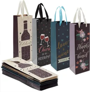 Juvale 12 Pack Wine Bottle Gift Bags with Handles for Liquor, Champagne, Sparkling Cider, 4 Assorted Designs for Birthdays, Mother's Day, Fathers Day, Engagement, Wedding, Holidays (13.7x4.6x4 inch)