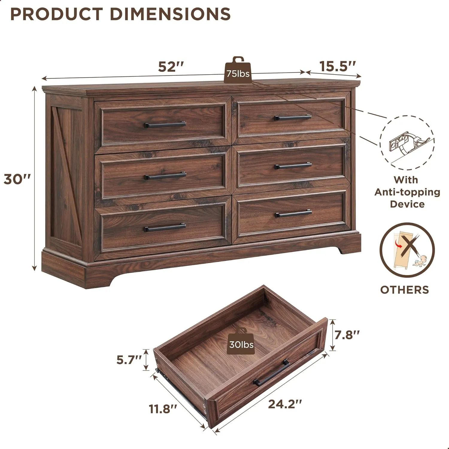 JXQTLINGMU Farmhouse 6 Drawers Dresser for Bedroom, 52'' Wide Large Wood Dressers with Bar Handles, Chests of Drawers with Storage Dressers Organizer for Bedroom, Hallway Off White