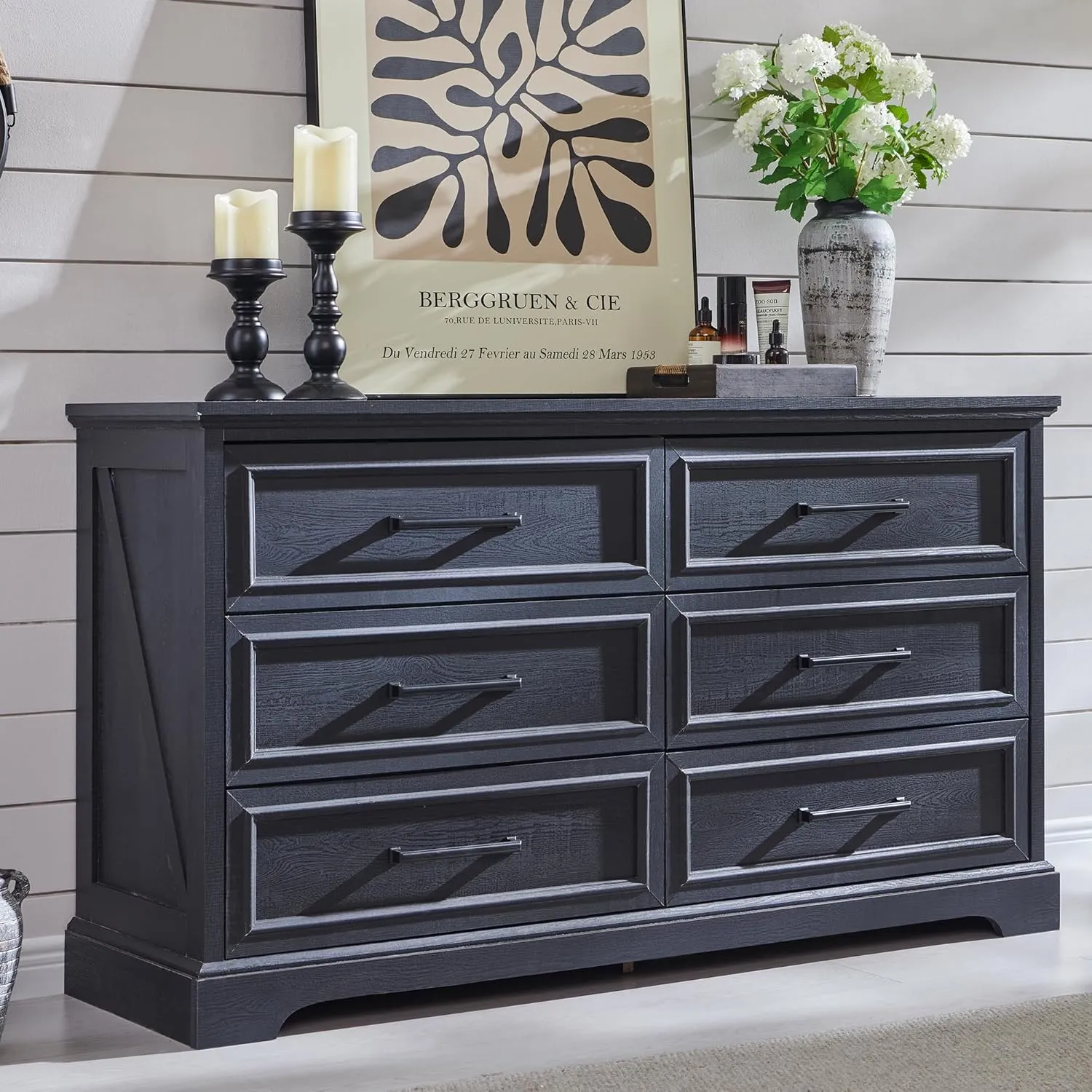 JXQTLINGMU Farmhouse 6 Drawers Dresser for Bedroom, 52'' Wide Large Wood Dressers with Bar Handles, Chests of Drawers with Storage Dressers Organizer for Bedroom, Hallway Off White