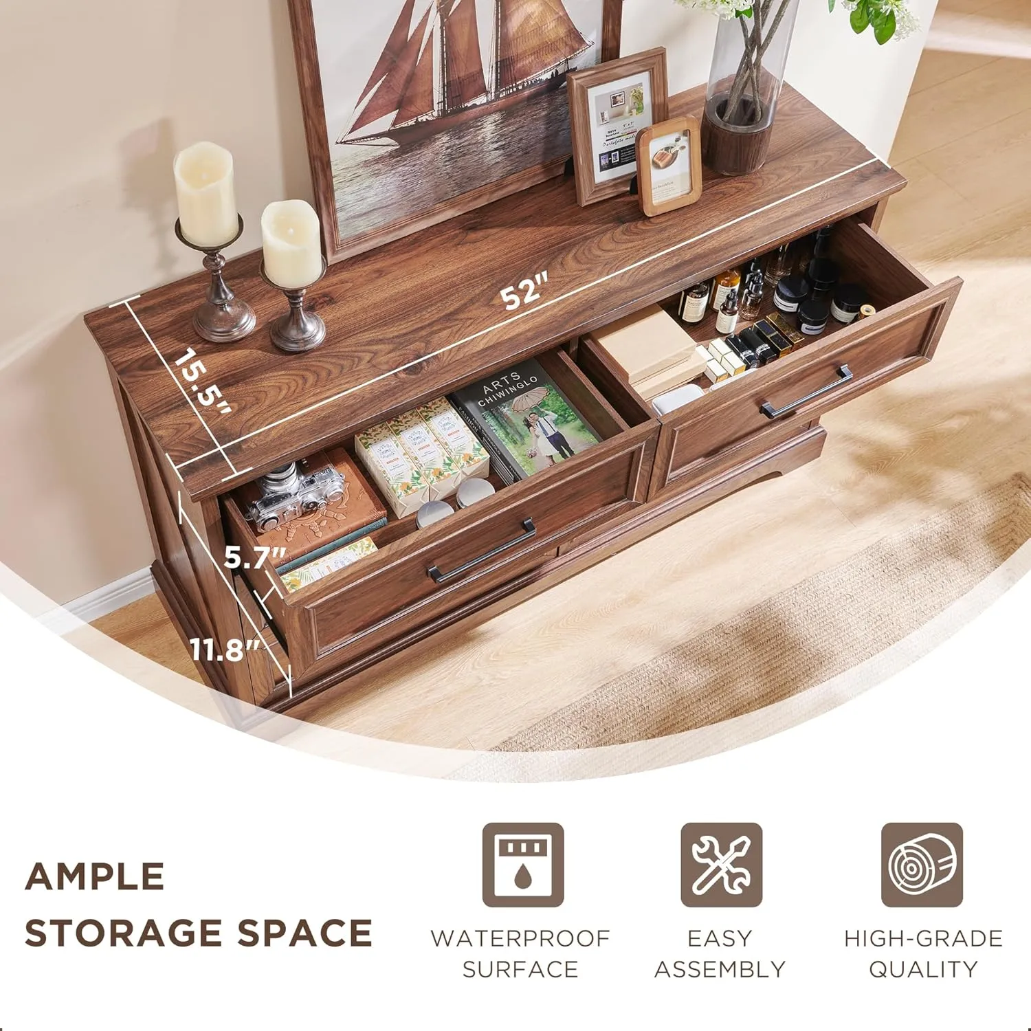 JXQTLINGMU Farmhouse 6 Drawers Dresser for Bedroom, 52'' Wide Large Wood Dressers with Bar Handles, Chests of Drawers with Storage Dressers Organizer for Bedroom, Hallway Off White
