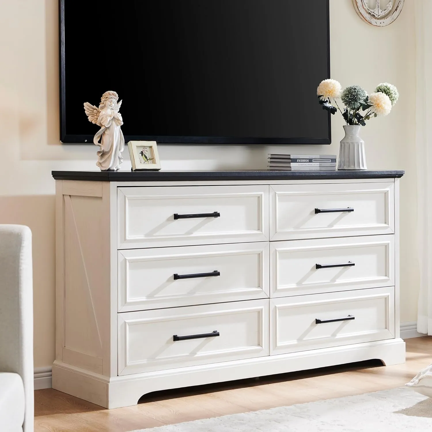 JXQTLINGMU Farmhouse 6 Drawers Dresser for Bedroom, 52'' Wide Large Wood Dressers with Bar Handles, Chests of Drawers with Storage Dressers Organizer for Bedroom, Hallway Off White
