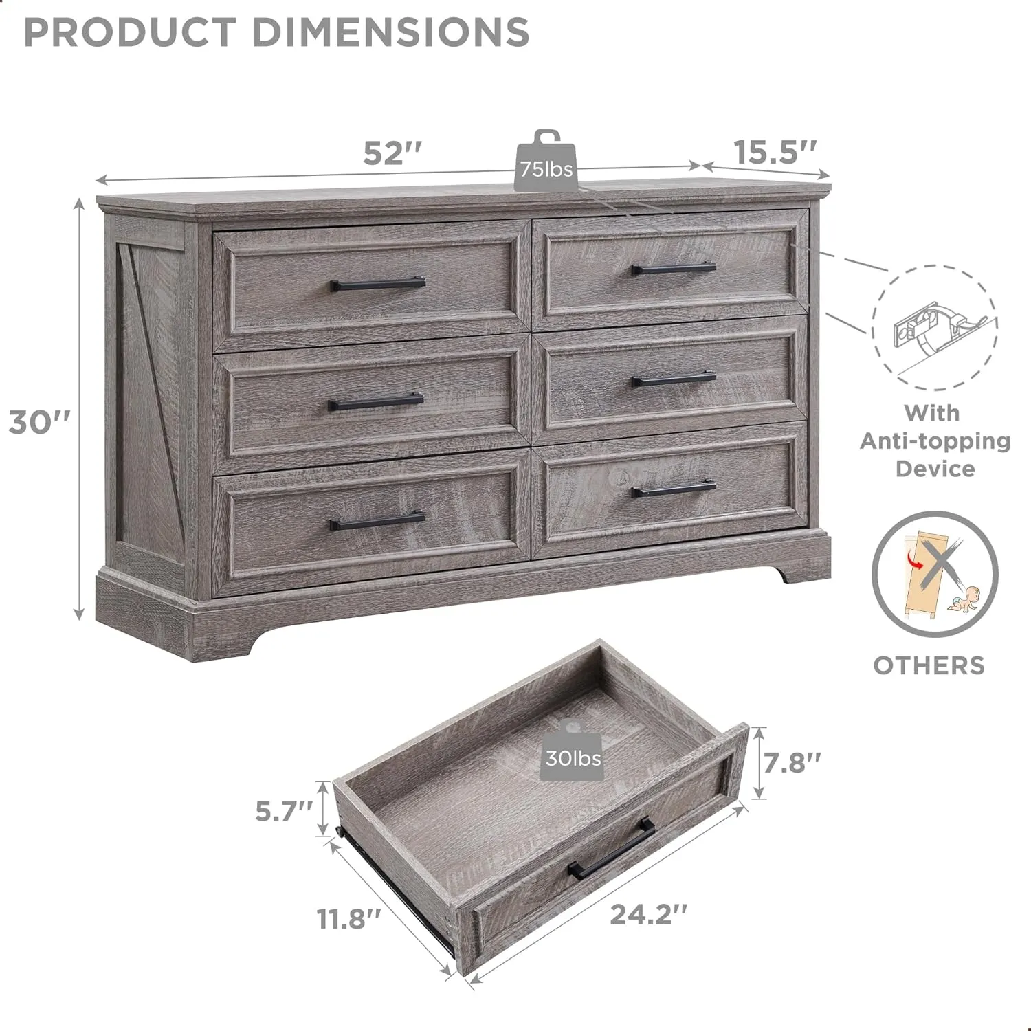 JXQTLINGMU Farmhouse 6 Drawers Dresser for Bedroom, 52'' Wide Large Wood Dressers with Bar Handles, Chests of Drawers with Storage Dressers Organizer for Bedroom, Hallway Off White