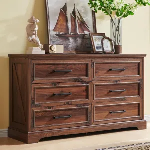 JXQTLINGMU Farmhouse 6 Drawers Dresser for Bedroom, 52'' Wide Large Wood Dressers with Bar Handles, Chests of Drawers with Storage Dressers Organizer for Bedroom, Hallway Off White