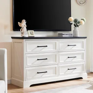 JXQTLINGMU Farmhouse 6 Drawers Dresser for Bedroom, 52'' Wide Large Wood Dressers with Bar Handles, Chests of Drawers with Storage Dressers Organizer for Bedroom, Hallway Off White