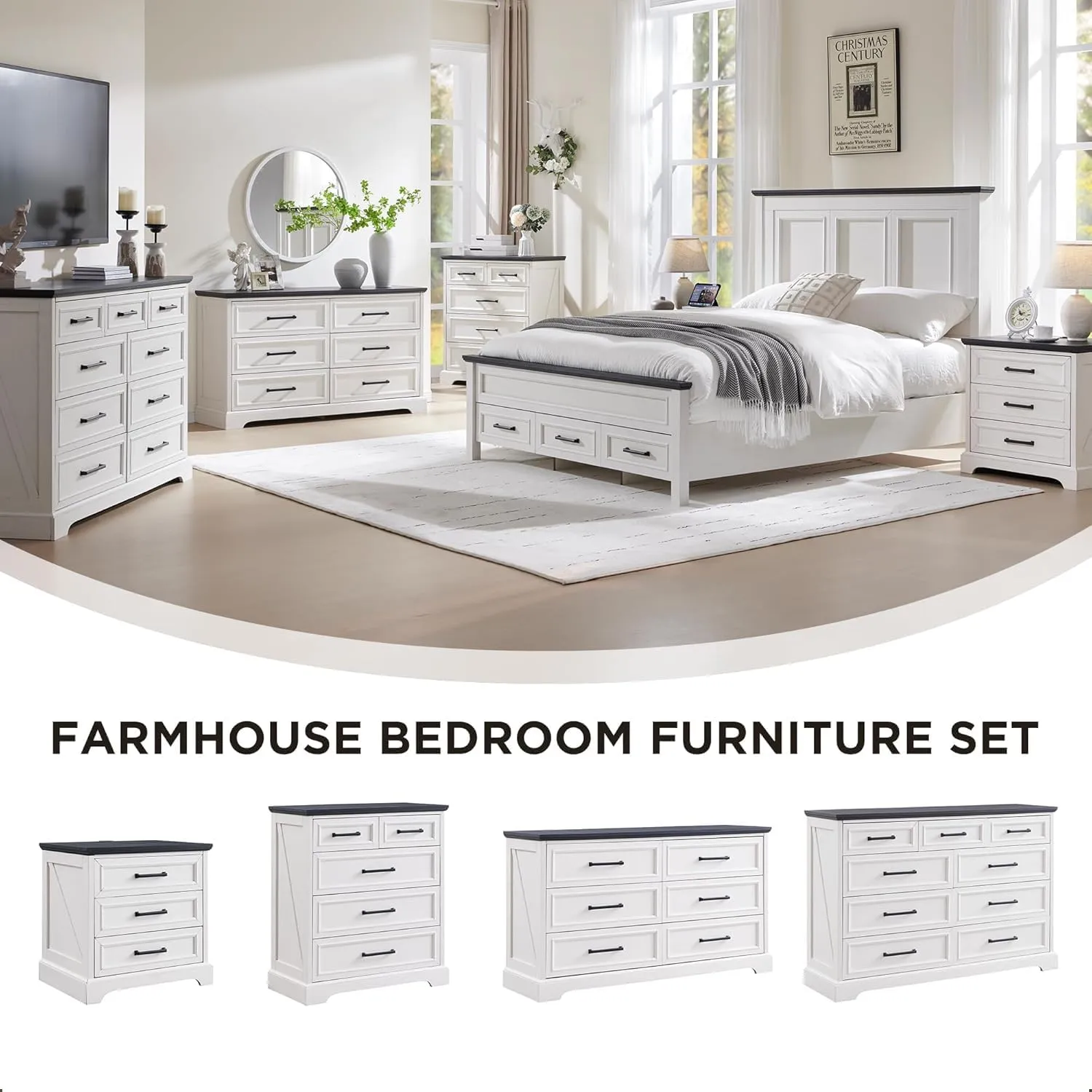 JXQTLINGMU Farmhouse 6 Drawers Dresser for Bedroom, 52'' Wide Large Wood Dressers with Bar Handles, Chests of Drawers with Storage Dressers Organizer for Bedroom, Hallway Off White