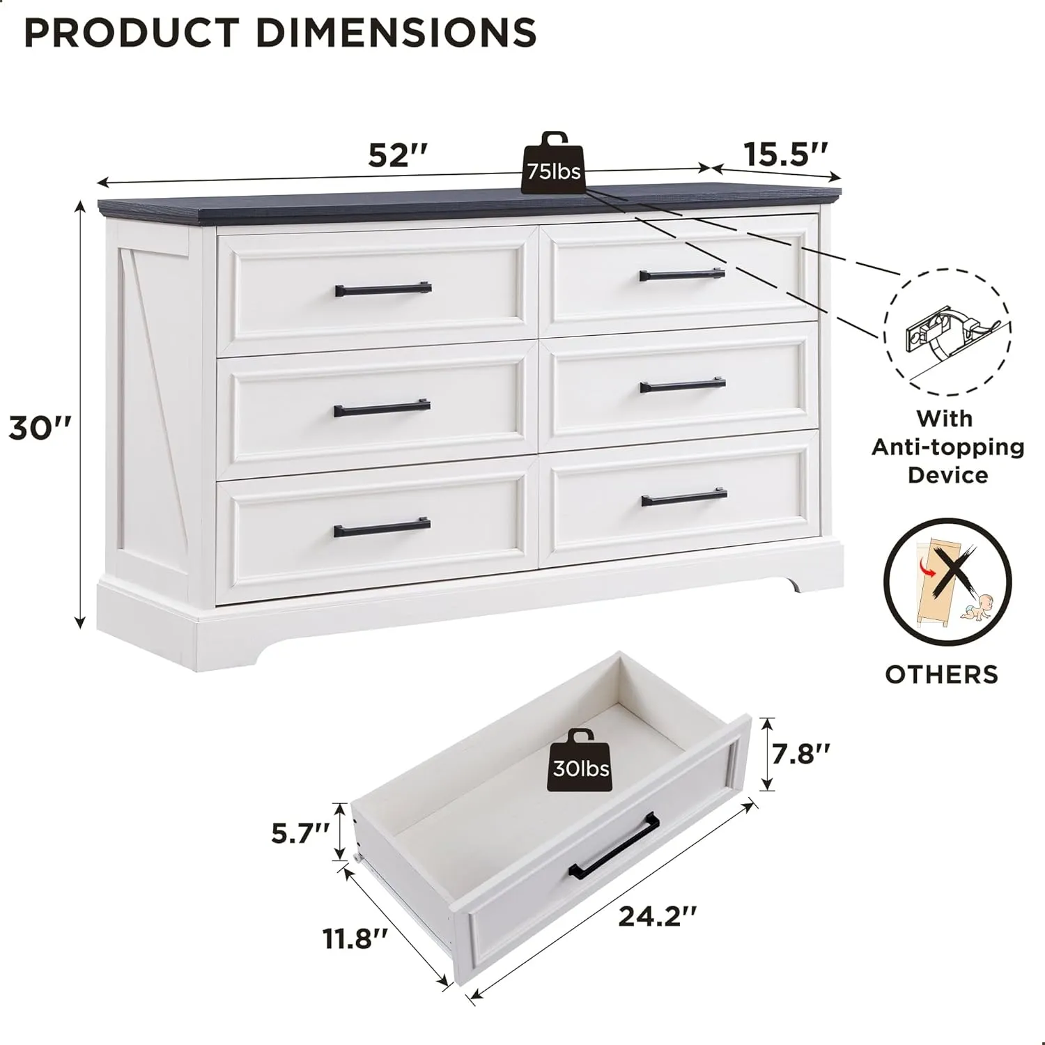 JXQTLINGMU Farmhouse 6 Drawers Dresser for Bedroom, 52'' Wide Large Wood Dressers with Bar Handles, Chests of Drawers with Storage Dressers Organizer for Bedroom, Hallway Off White
