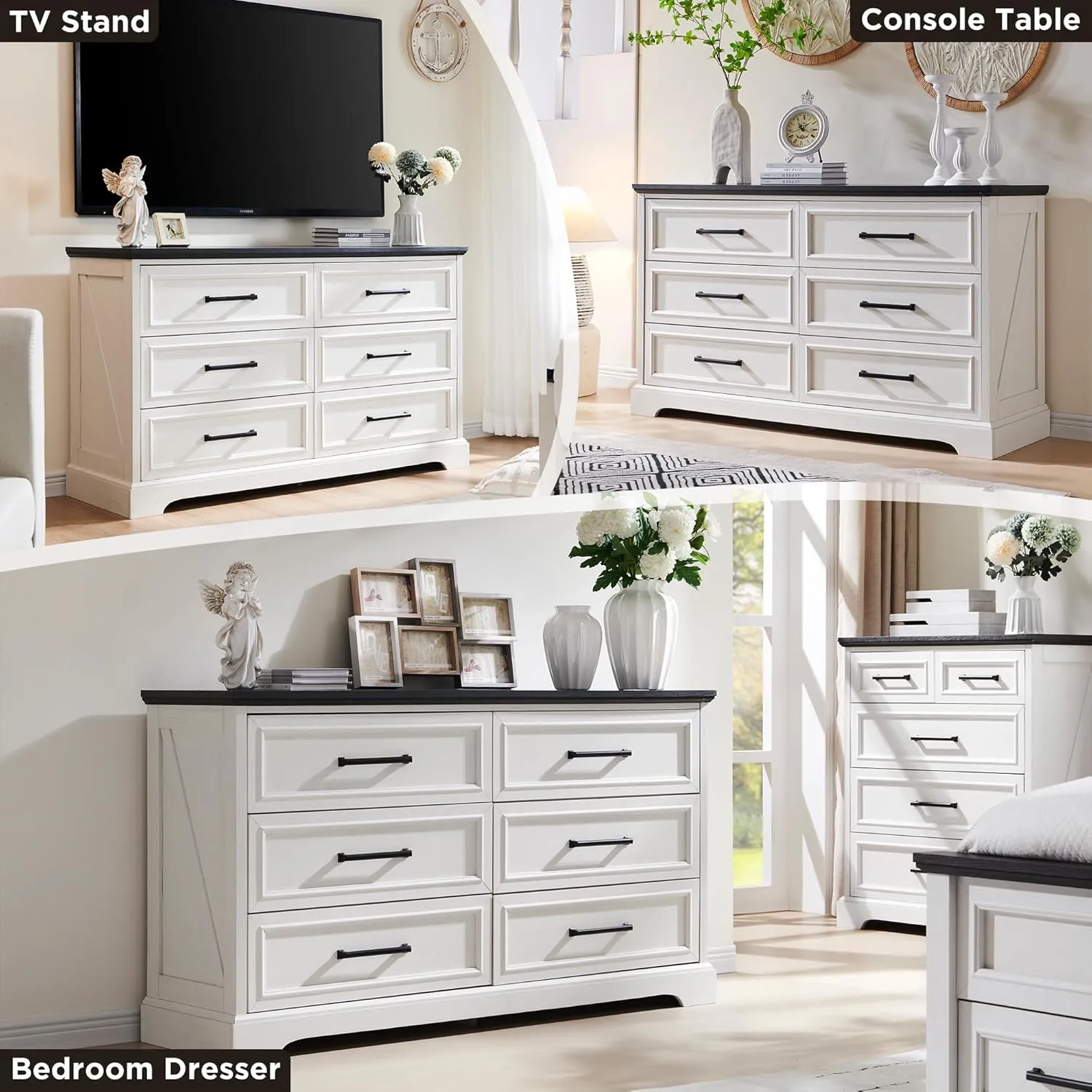 JXQTLINGMU Farmhouse 6 Drawers Dresser for Bedroom, 52'' Wide Large Wood Dressers with Bar Handles, Chests of Drawers with Storage Dressers Organizer for Bedroom, Hallway Off White