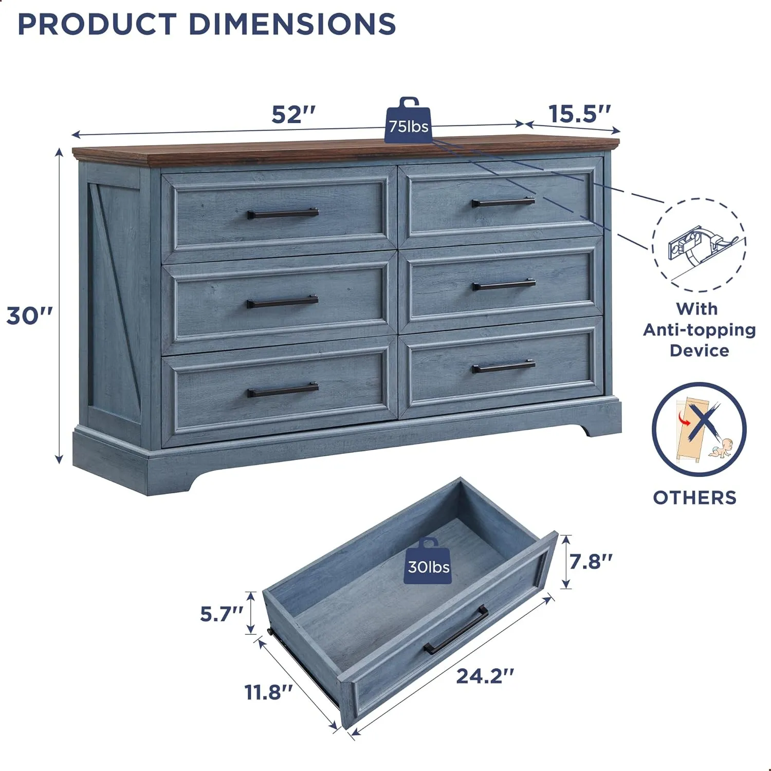 JXQTLINGMU Farmhouse 6 Drawers Dresser for Bedroom, 52'' Wide Large Wood Dressers with Bar Handles, Chests of Drawers with Storage Dressers Organizer for Bedroom, Hallway,Off White